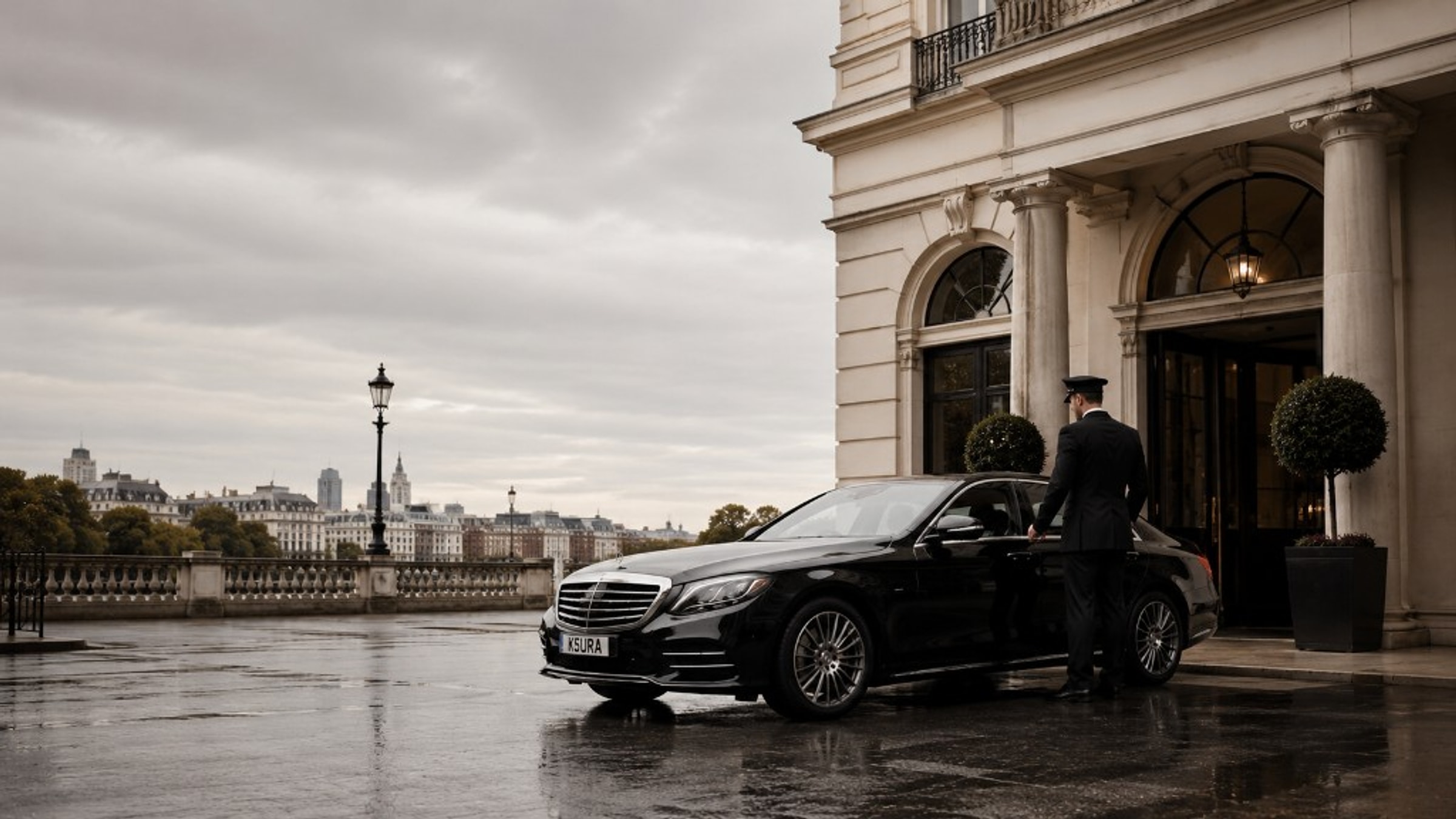 Chauffeur and Mercedes S-Class outside a London hotel
