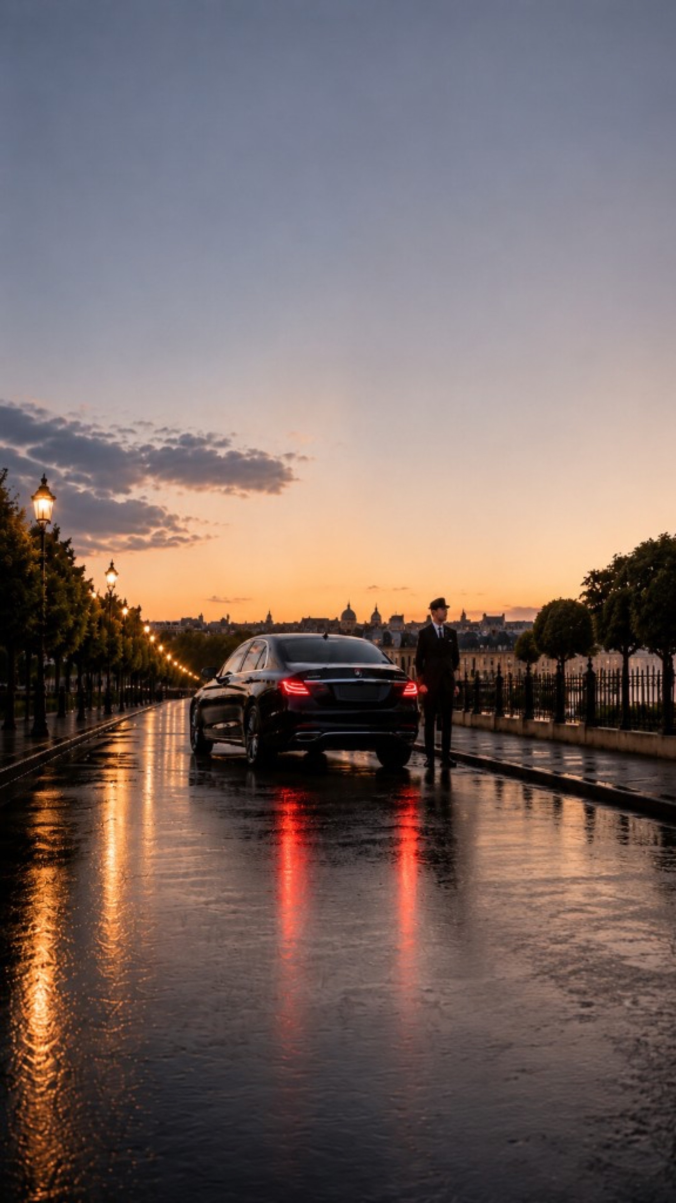 Chauffeur beside a black luxury sedan at sunset on a wet London street