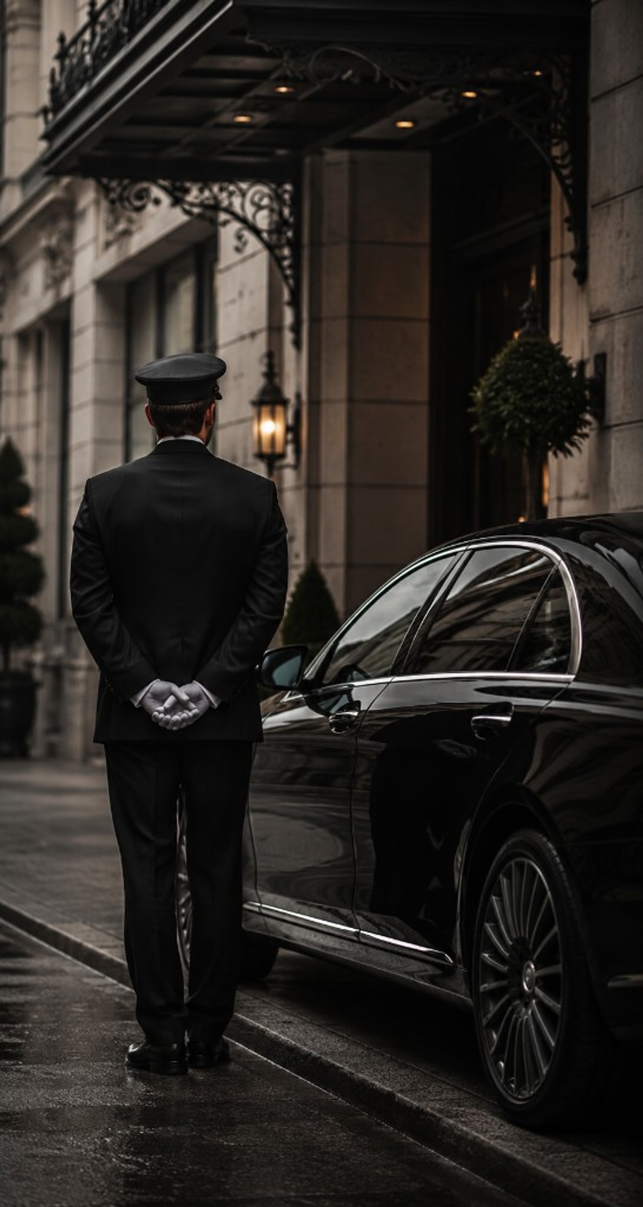 Chauffeur beside a luxury sedan at a London hotel entrance